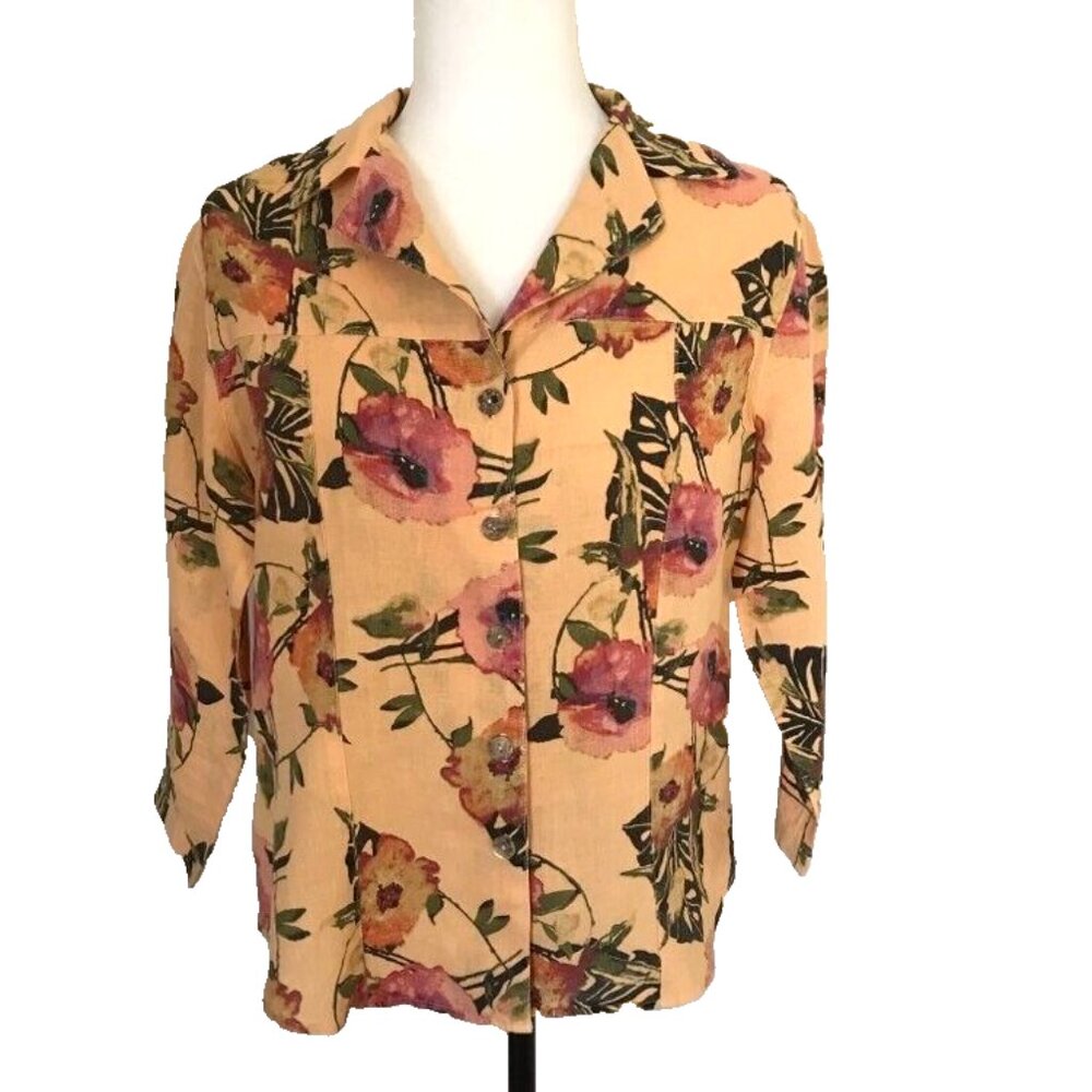 CLICK by COLOR ME COTTON 100% Linen Button Up Top Size Small Peach Floral